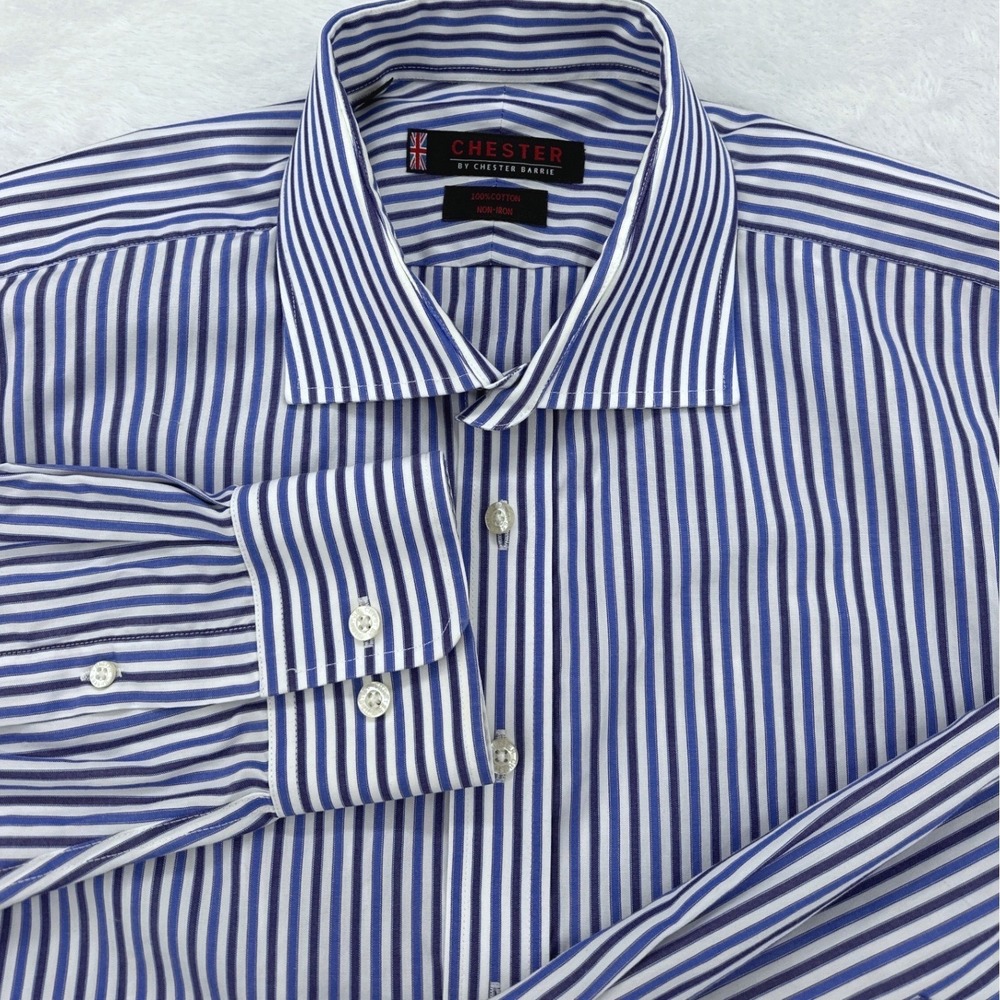 Chester by Chester Barrie Mens Button Down Shirt 17.5 34/35 Blue White Striped